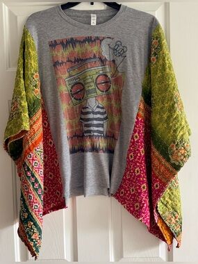 RADIOHEAD Custom Upcycled Poncho Top Kantha Sleeves OSFM